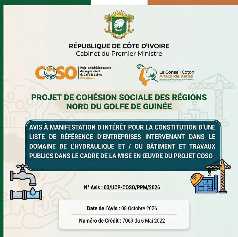 Côte d’Ivoire : le projet COSO recherche des entreprises d’hydraulique et de BTP
